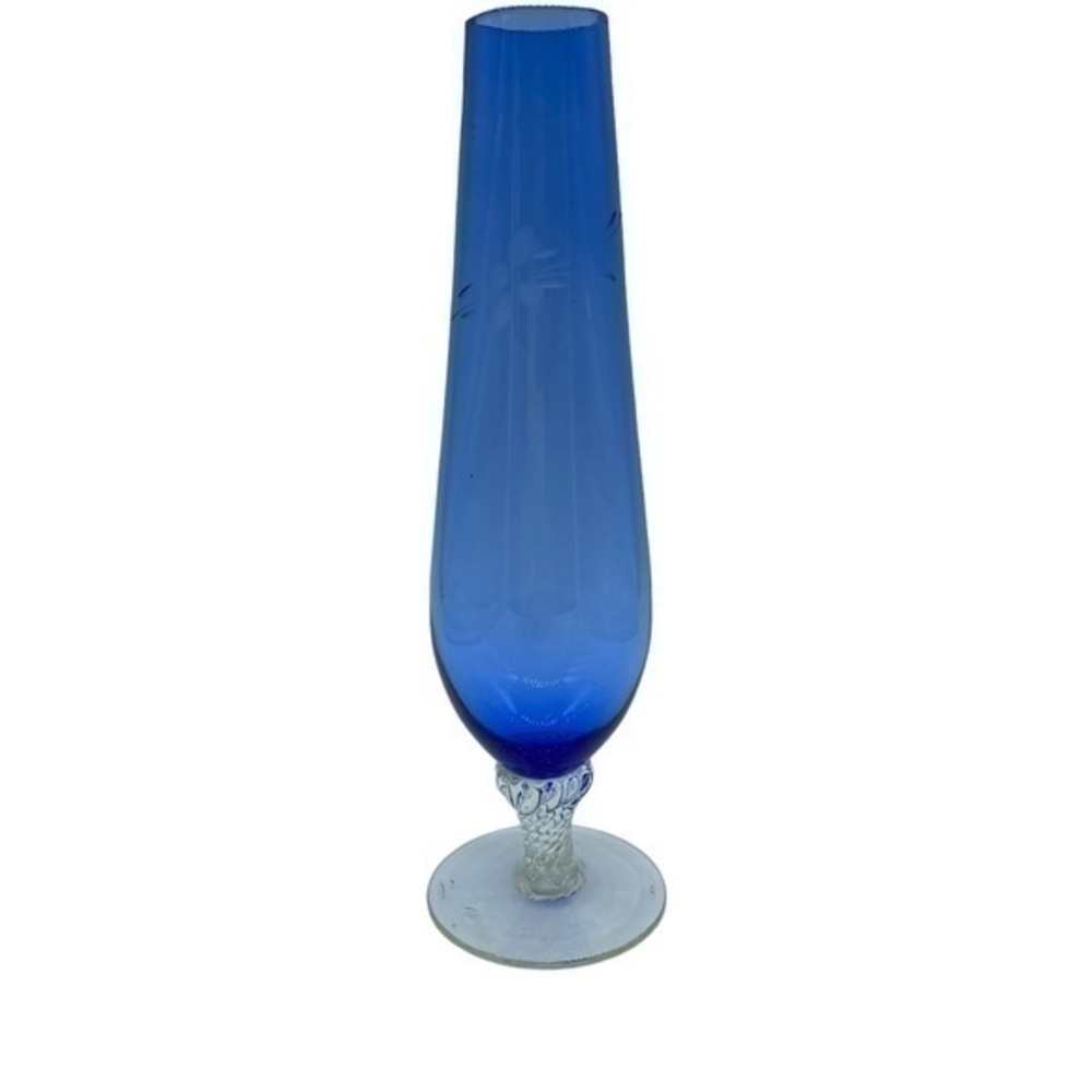 Vintage Floral Etched Blue Bud Vase With Swirl Bottom